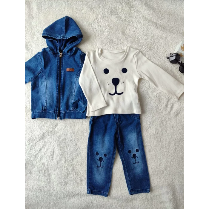 Luz&Pos 9-12-18-24 Ay Kot Kumaş Kapşonlu Uzun Kol Sweatli Kot Kumaş 3lü Erkek Bebek Takımı Mavi