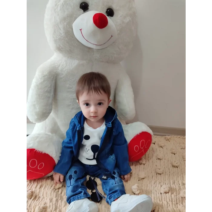 Luz&Pos 9-12-18-24 Ay Kot Kumaş Kapşonlu Uzun Kol Sweatli Kot Kumaş 3lü Erkek Bebek Takımı Mavi