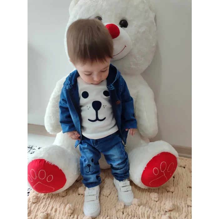 Luz&Pos 9-12-18-24 Ay Kot Kumaş Kapşonlu Uzun Kol Sweatli Kot Kumaş 3lü Erkek Bebek Takımı Mavi