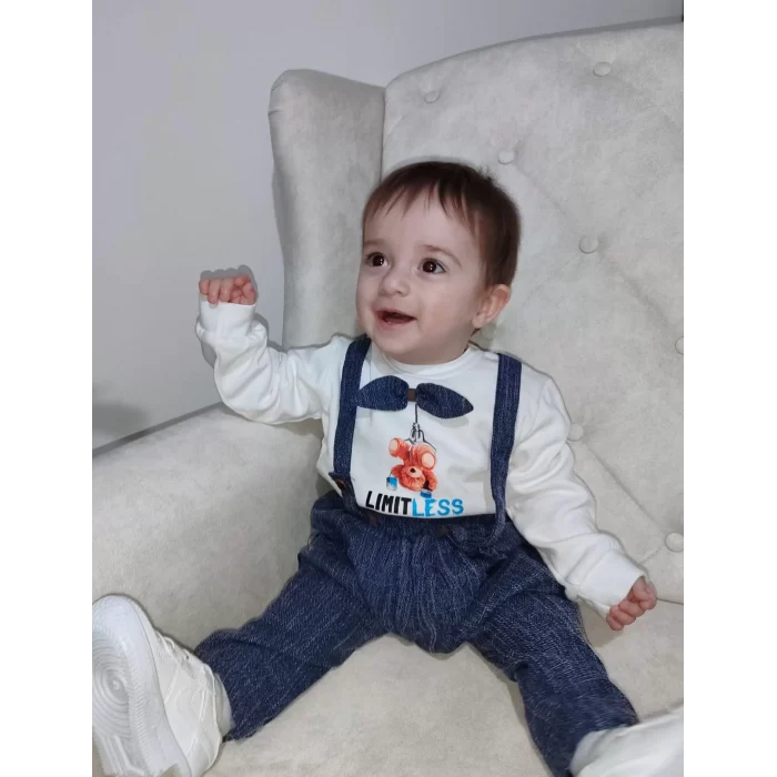 Luz&Pos 9-12-18 Ay Papyonlu Sweat Kot Pantolon 2li Erkek Bebek Salopet Takımı Lacivert