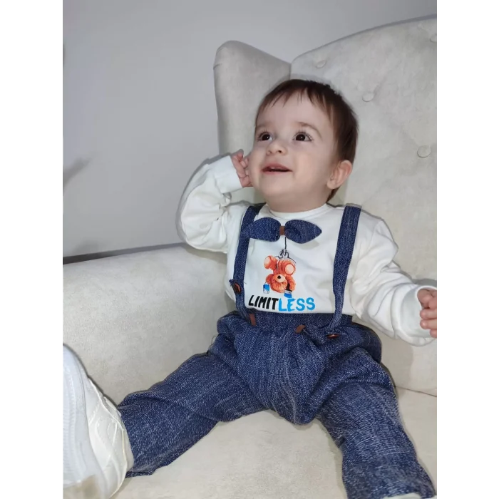 Luz&Pos 9-12-18 Ay Papyonlu Sweat Kot Pantolon 2li Erkek Bebek Salopet Takımı Lacivert