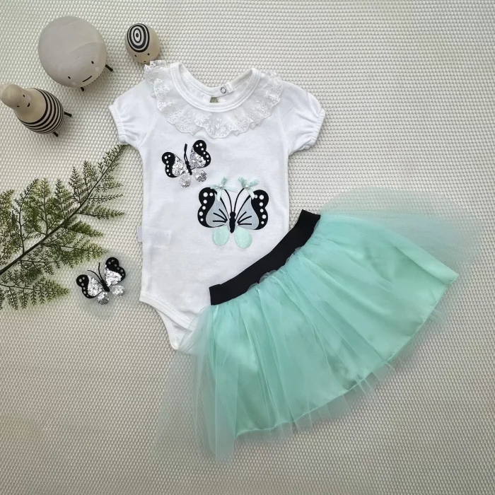 Luz&Pos 9-12-18 Ay Payetli Kelebek Nakışlı Taçlı Kısa Kollu Tütü Etek 3lü Kız Bebek Takımı Su Yeşili