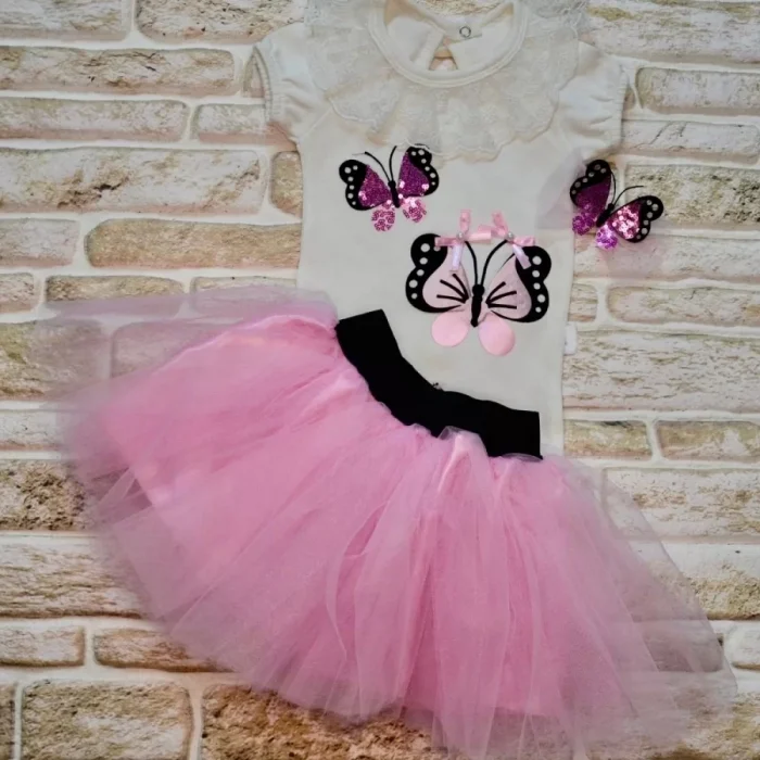 Luz&Pos 9-12-18 Ay Payetli Kelebek Nakışlı Taçlı Kısa Kollu Tütü Etek 3lü Kız Bebek Takımı Lila