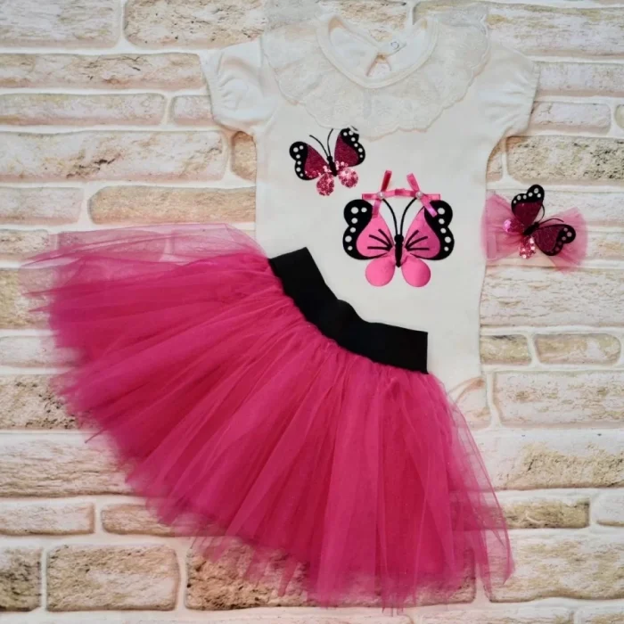 Luz&Pos 9-12-18 Ay Payetli Kelebek Nakışlı Taçlı Kısa Kollu Tütü Etek 3lü Kız Bebek Takımı Fuşya