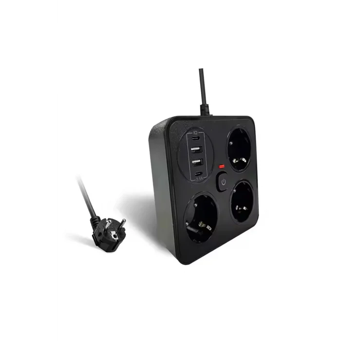 Akım Korumalı Anahtarlı Priz - 3x Priz - 2x Usb - 2x Type-c - 2 Mt Kablo Hızlı Şarj Özellikli Siyah
