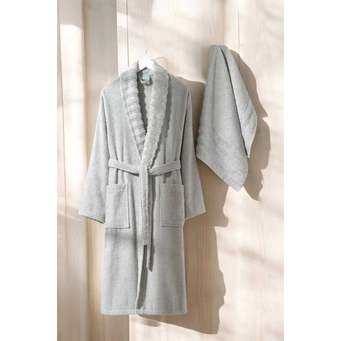 AquaLoom Lüx Bornoz ve Havlu Seti &#37;100 Pamuklu Açık Gri
