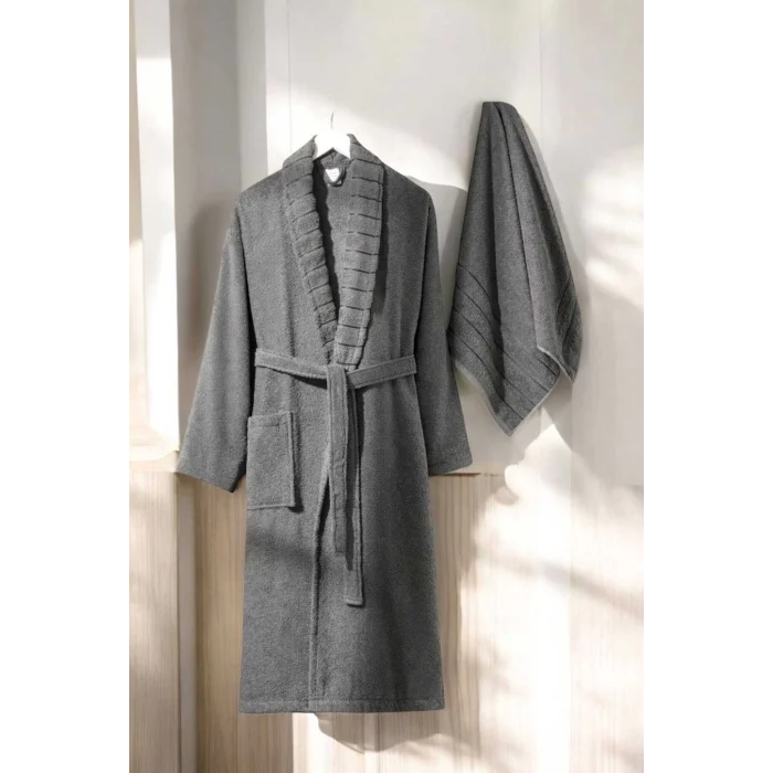 AquaLoom Lüx Erkek Bornoz ve Havlu Seti &#37;100 Pamuklu Antrasit