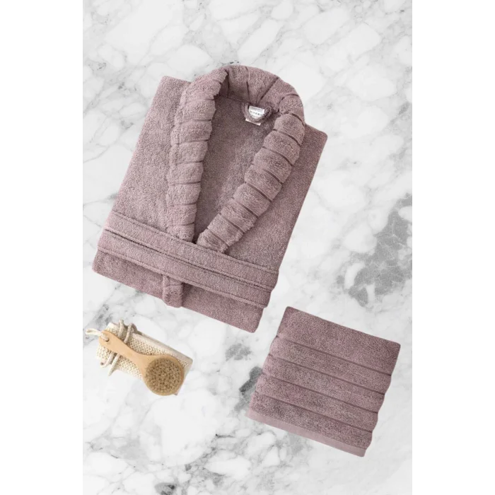 AquaLoom Lüx Kadın Bornoz ve Havlu Seti &#37;100 Pamuklu Mürdüm