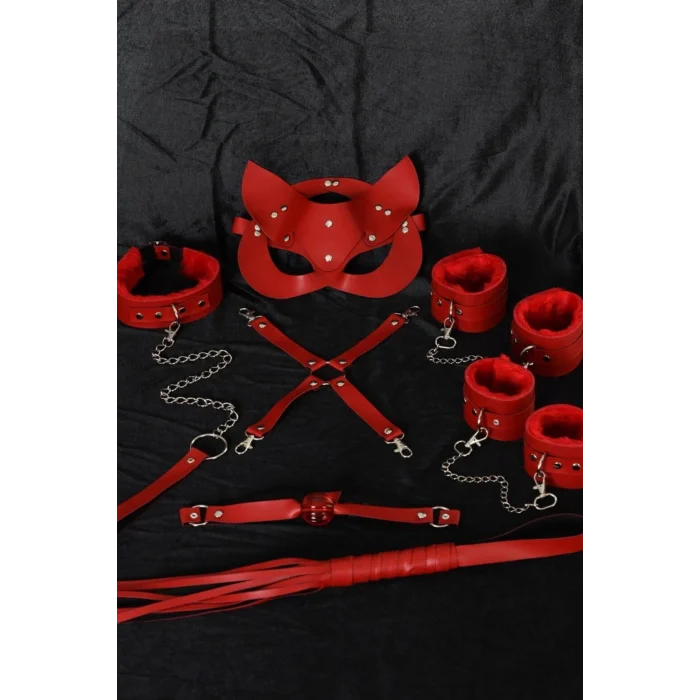 Kırmızı İçi Tüylü Maske,Kol,Bacak,Ağız Topu,Kırbaç,Tasma Harness Set