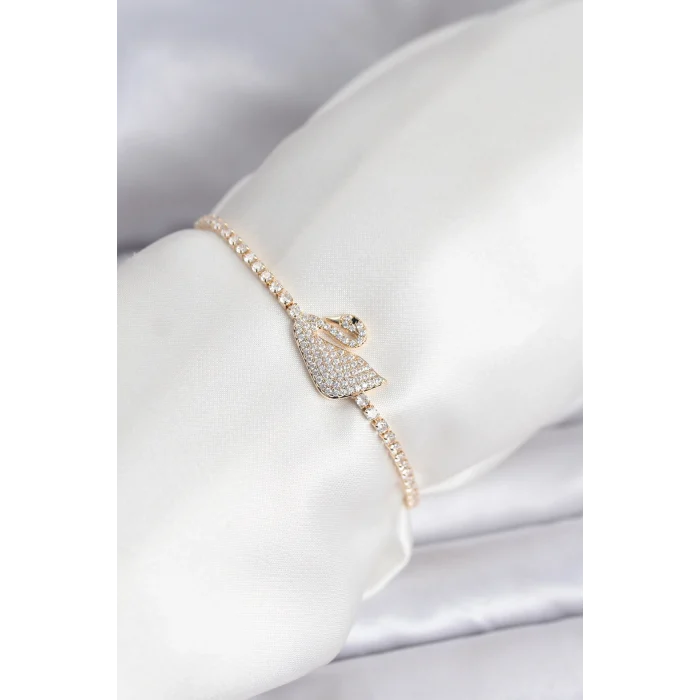 Kuğu Model Zirkon Taşlı Gold Renk Asansörlü Su Yolu Bileklik