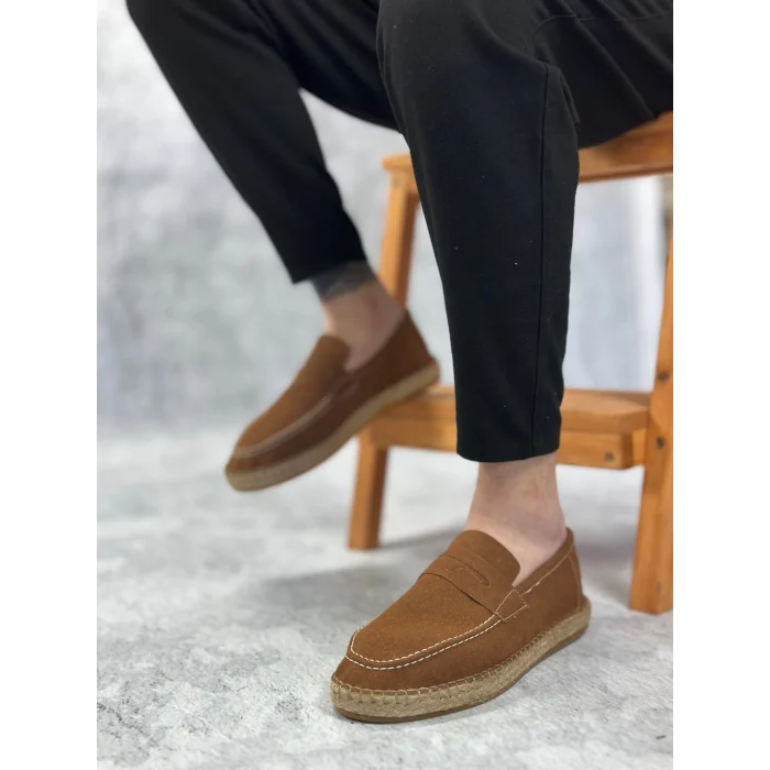 BA0359 BOA Doğal Deri Tozu Bağcıksız Kauçuk El Yapımı Espadril Taban Taba Renk Erkek Ayakkabı