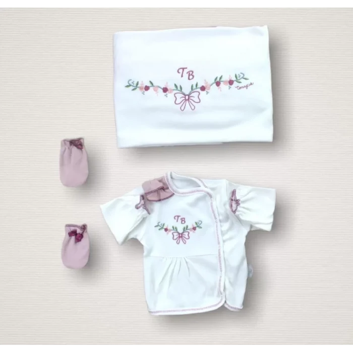 Luz&Pos Bahar Çiçekleri Nakışlı  10lu Zıbın Takımı Hastane Çıkışı Gül Kurusu