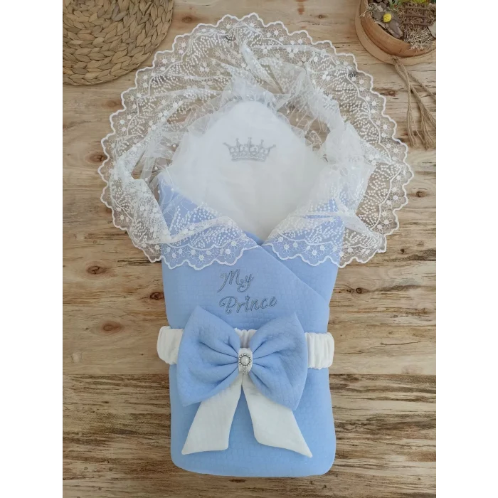 Luz&Pos Bal Peteği My Prince Taç Nakışlı İnci Fiyonklu Dantel Duvaklı Delüks Kundak Bebek Battaniyesi Mavi