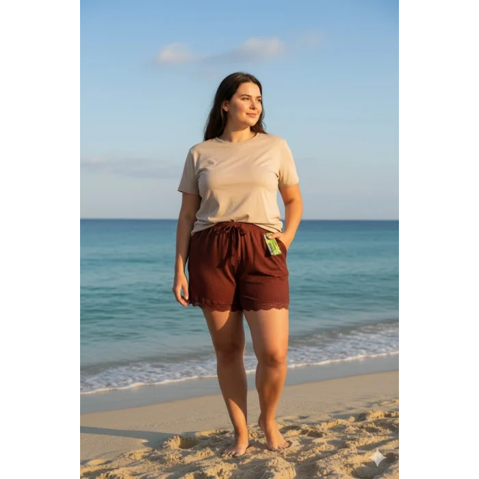 Bambu Fitilli Kadın Ev Şortu Bacak Dantel Detaylı Ev Giyim Koyu Taba