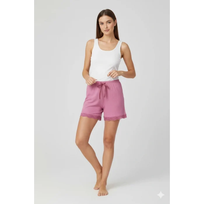 Bambu Fitilli Kadın Ev Şortu Bacak Dantel Detaylı Ev Giyim Pembe