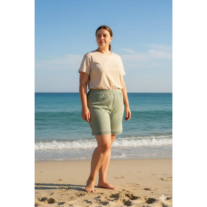 Bambu Fitilli Kadın Ev Şortu Bacak Dantel Detaylı Ev Giyim Yeşil