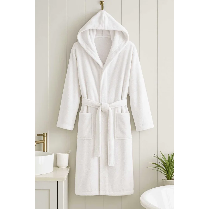 Beyaz Gramajlı Kapşonlu Garson Boy Çocuk Banyo Bornozu