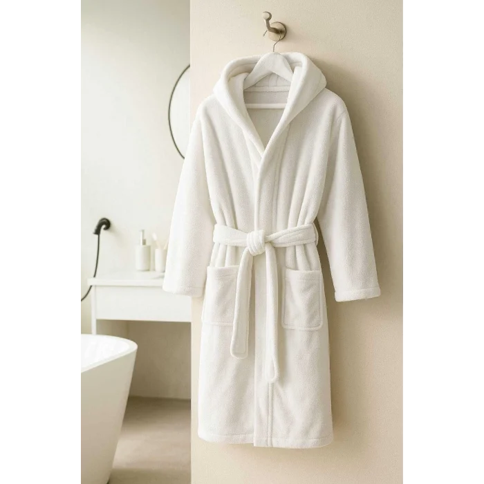 Beyaz Gramajlı Kapşonlu Garson Boy Çocuk Banyo Bornozu