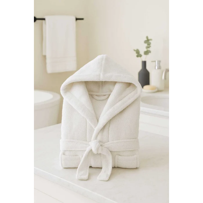 Beyaz Gramajlı Kapşonlu Garson Boy Çocuk Banyo Bornozu