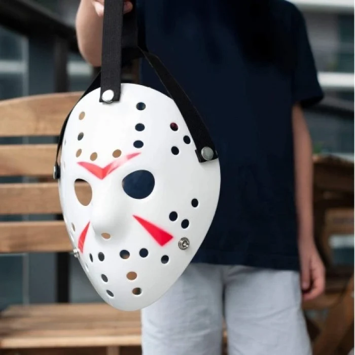 Beyaz Renk Kırmızı Çizgili Tam Yüz Hokey Jason Maskesi Hannibal Maskesi