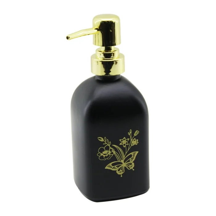 Cam Kare - Siyah Şişe--sarı Kelebek-çiçek Desen Sıvı Sabunluk 400ml Gold Plastik Pompa