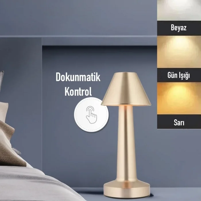 Çatı Model Gold Renk Şarjlı Dokunmatik 3 Renkli Led Masa Lambası