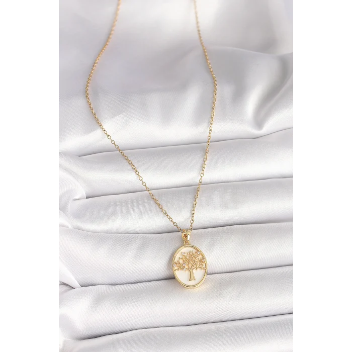 Çelik Gold Renk Zincir Zirkon Taş Detaylı Beyaz Mineli Ağaç İşlemeli Portre Model Kadın Kolye