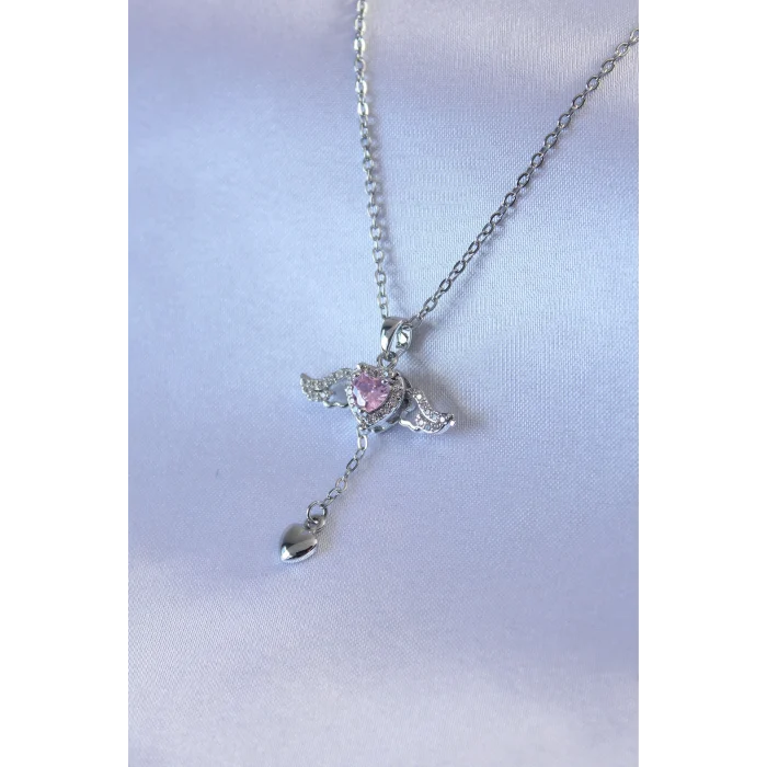 Çelik Gümüş Renk Kanatlı Kalp Figür Zirkon Taş Detay Kadın Kolye