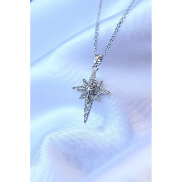 Çelik Gümüş Renk Zirkon Taşlı Kutup Yıldızı Model Kolye