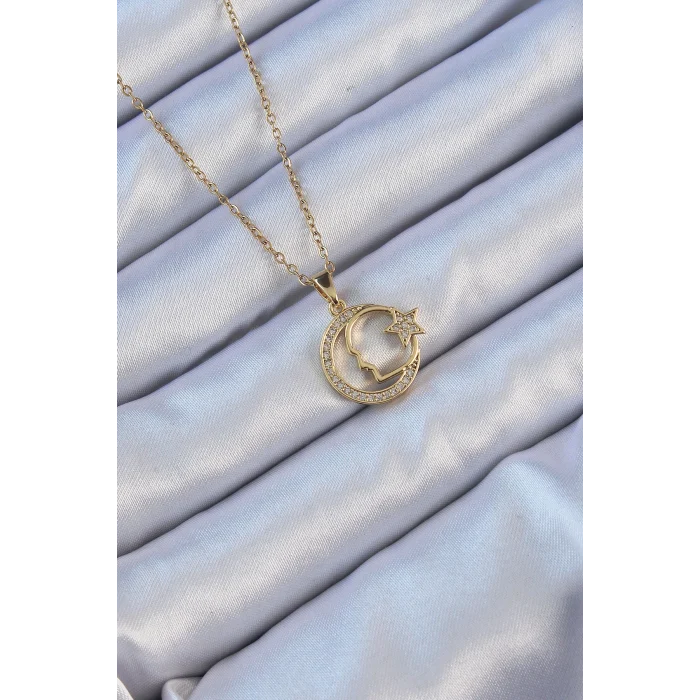 Çelik Zincir Altın Renk Zirkon Taşlı Ay Yıldız Simgeli Atatürk Kolye