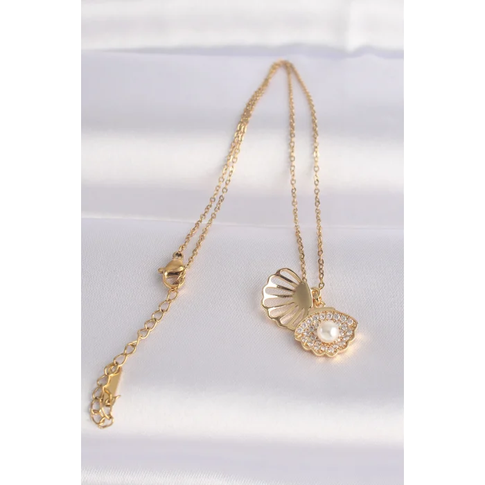 Çelik Zincir Altın Renk Zirkon Taşlı İnci Detay İstiridye Kolye