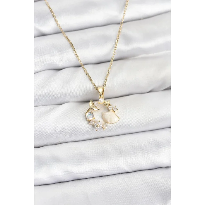 Çelik Zincir Gold Renk Deniz Tema Model Zirkon Taşlı Kadın Kolye