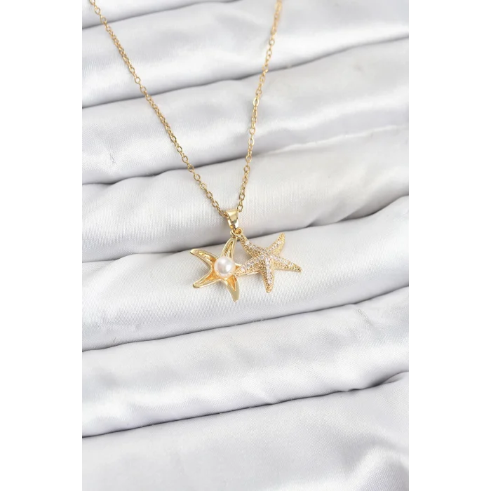 Çelik Zincir Gold Renk Deniz Yıldızı Model Zirkon Taşlı Kadın Kolye