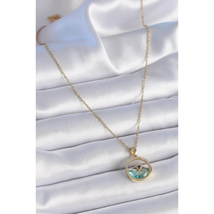 Çelik Zincir Gold Renk Zirkon Taşlı Deniz Görünüm Kutup Yıldız Model Kadın Kolye