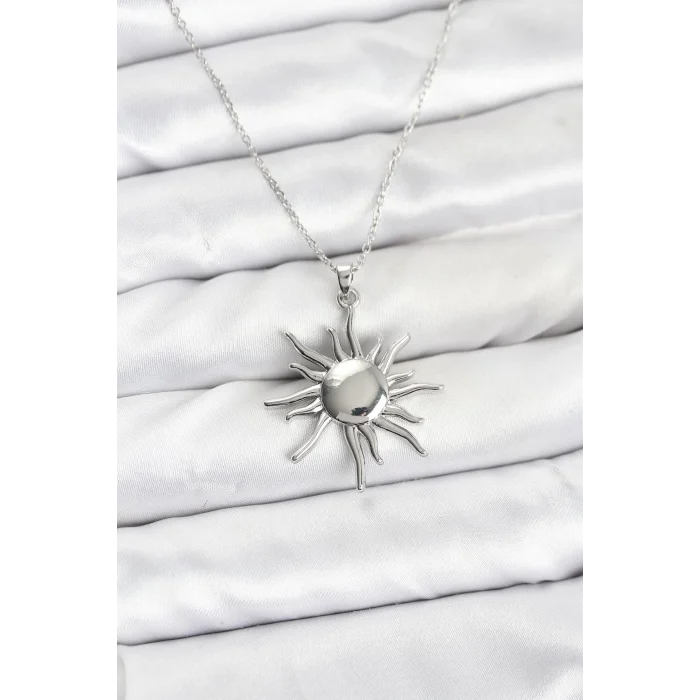 Çelik Zincir Gümüş Renk Güneş Model Kadın Kolye