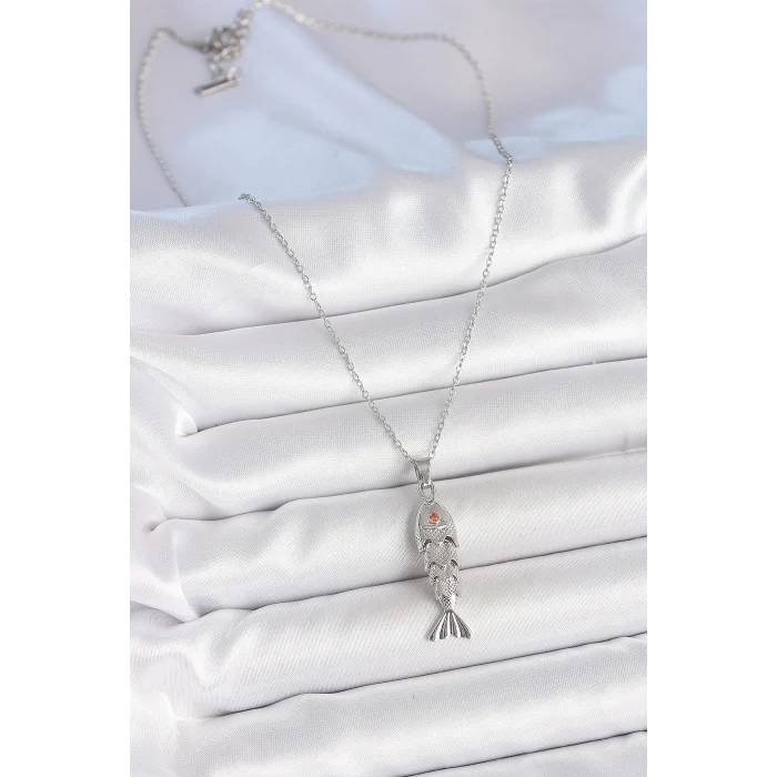 Çelik Zincir Gümüş Renk Zirkon Taşlı Balık Figürlü Kolye