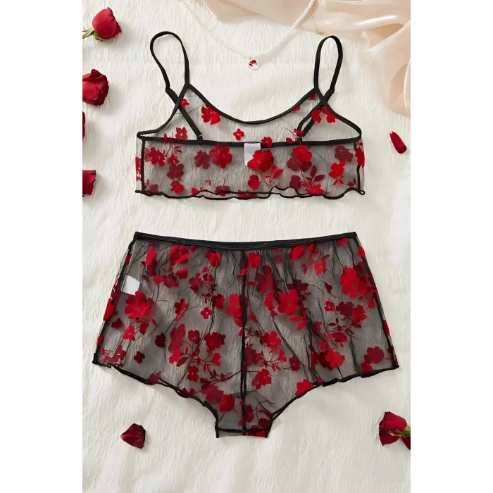 Çiçek Desenli Siyah Transparan Şortlu Gecelik Tm1377