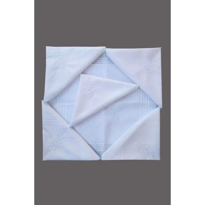 Çiçek İşlemeli 6 lı Bayan Beyaz Mendili 28x28 cm 100 Pamuk