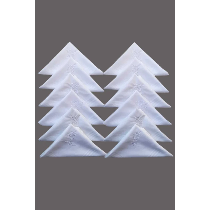 Çiçek İşlemeli Bayan Mendili 12 Adet 28x28 cm 100 Pamuk