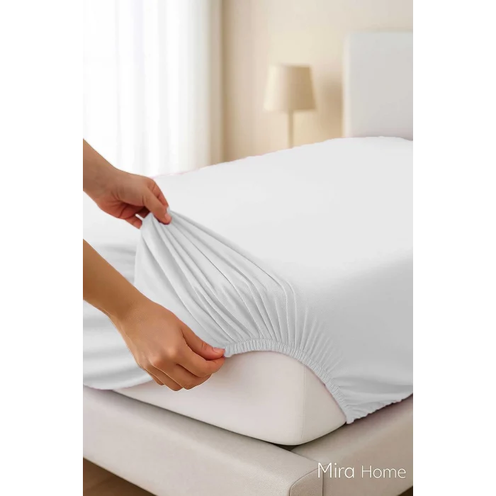 Çift Kişilik Düz Penye  %100 Pamuklu Lastikli Çarşaf 200X200 Cm Battal  Boy Newsheet Beyaz