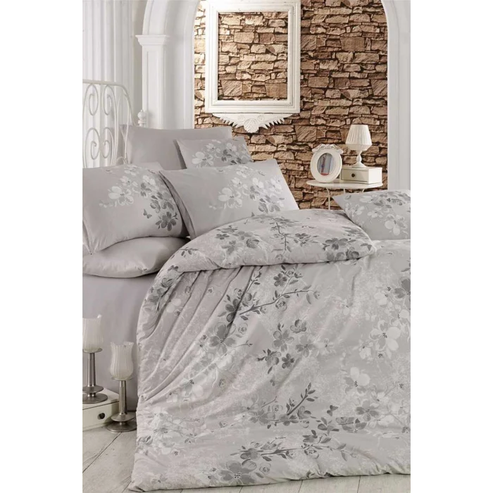 Çift Kişilik Nevresim Takımı Pamuklu Gümüş Çiçek