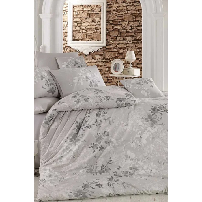 Çift Kişilik Nevresim Takımı Pamuklu Gümüş Çiçek