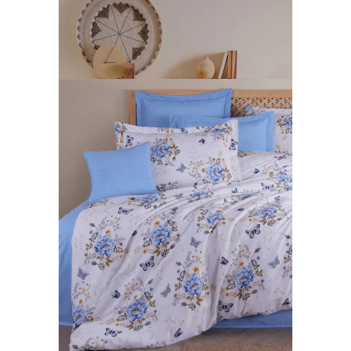 Çift Kişilik Nevresim Takımı Pamuklu Mavi Kelebek