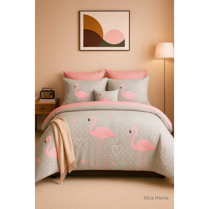Çift Kişilik Pamuklu Nevresim Takımı Flamingo Love