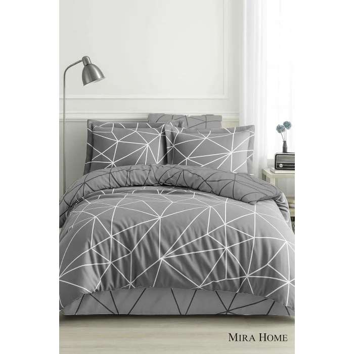 Çift Kişilik Pamuklu Nevresim Takımı Geo Line Gri