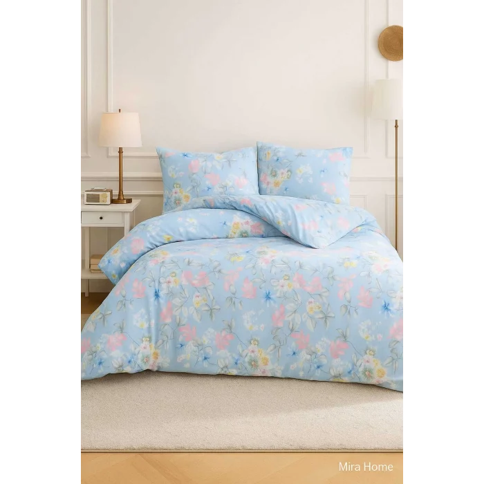 Çift Kişilik Pamuklu Nevresim Takımı Mavi Çiçek Desenli