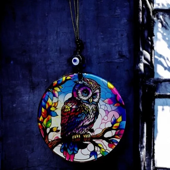 Dalda Baykuş Desenli 12 Cm Füzyon Cam Duvar Süsü