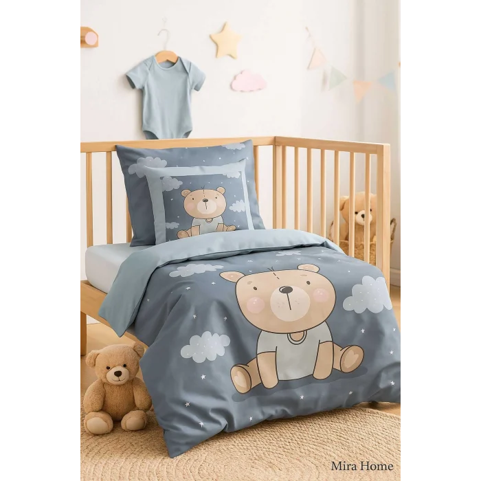 Dijital Baskılı 3d Pamuklu Yenidoğan Bebek Nevresim Takımı Blue Bear