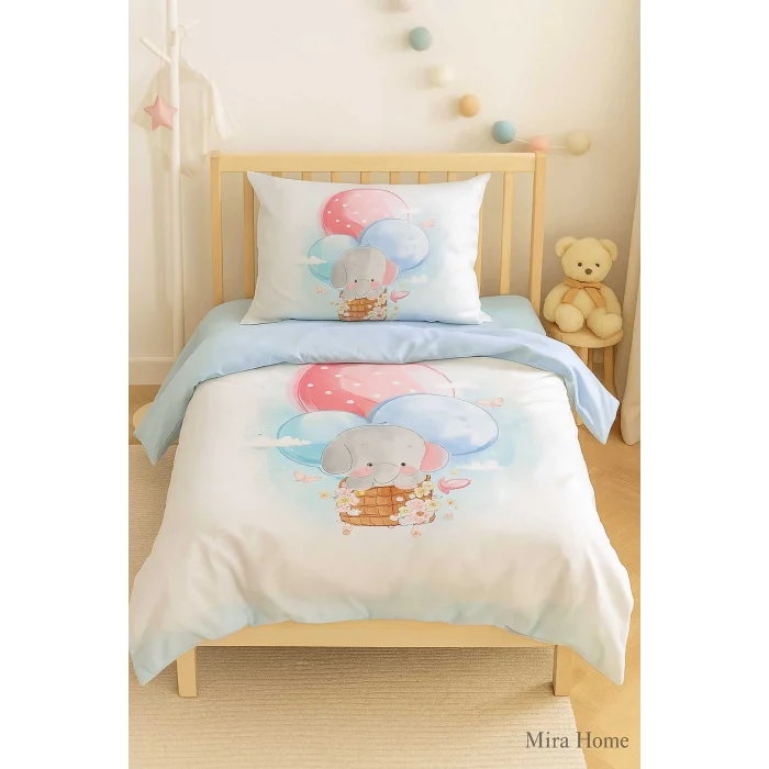 Dijital Baskılı 3d Pamuklu Yenidoğan Bebek Nevresim Takımı Elephant Baloon Blue