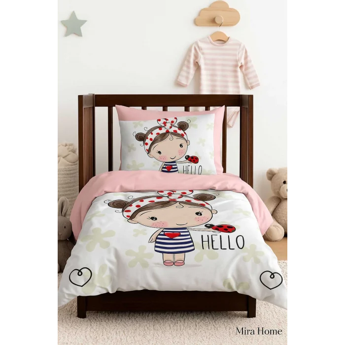 Dijital Baskılı 3d Pamuklu Yenidoğan Bebek Nevresim Takımı Hello Girl